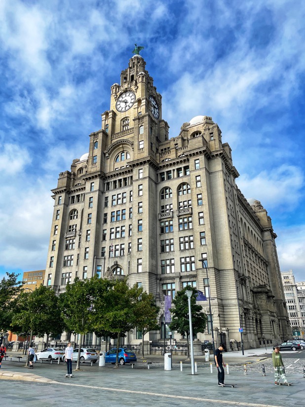 The Three Graces , Royal Liver Building, Cunard Building and The Port of Liverpool Building at the Pier Head in Liverpool