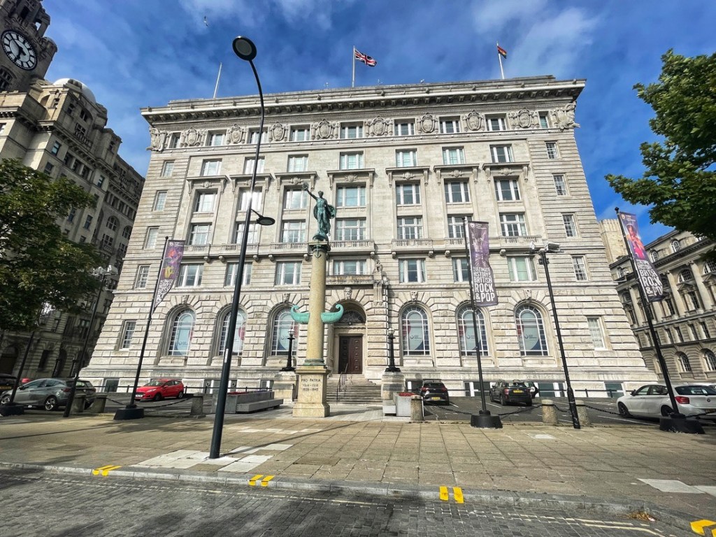 The Three Graces , Royal Liver Building, Cunard Building and The Port of Liverpool Building at the Pier Head in Liverpool