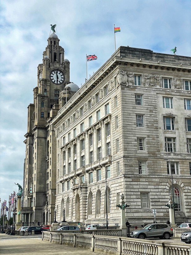 The Three Graces , Royal Liver Building, Cunard Building and The Port of Liverpool Building at the Pier Head in Liverpool
