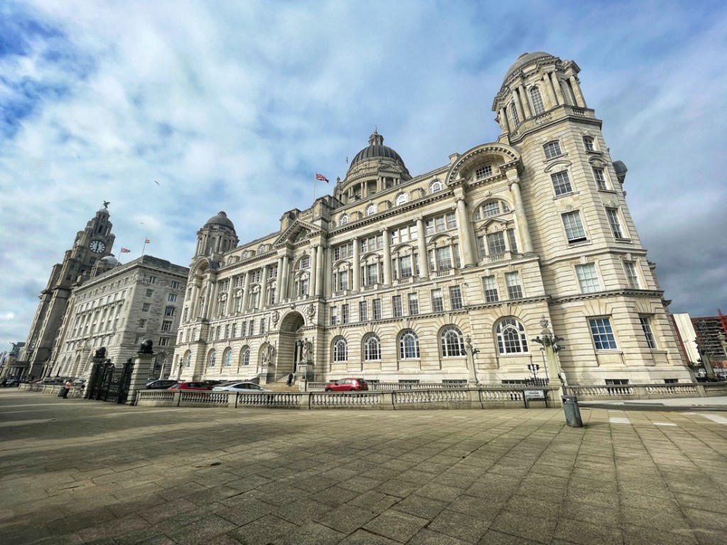 The Three Graces , Royal Liver Building, Cunard Building and The Port of Liverpool Building at the Pier Head in Liverpool