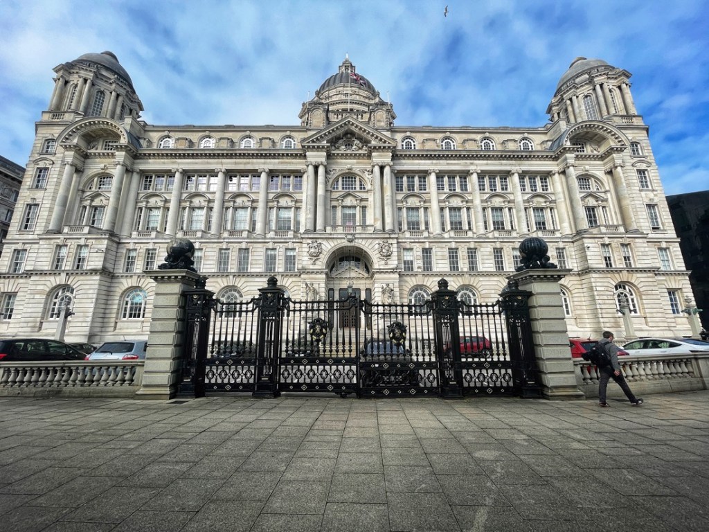 The Three Graces , Royal Liver Building, Cunard Building and The Port of Liverpool Building at the Pier Head in Liverpool