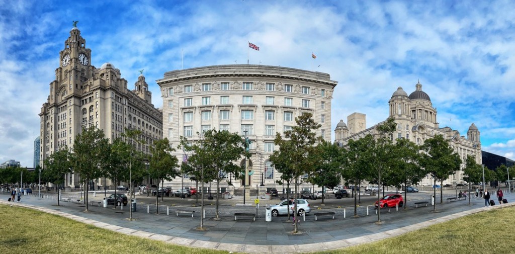 The Three Graces , Royal Liver Building, Cunard Building and The Port of Liverpool Building at the Pier Head in Liverpool